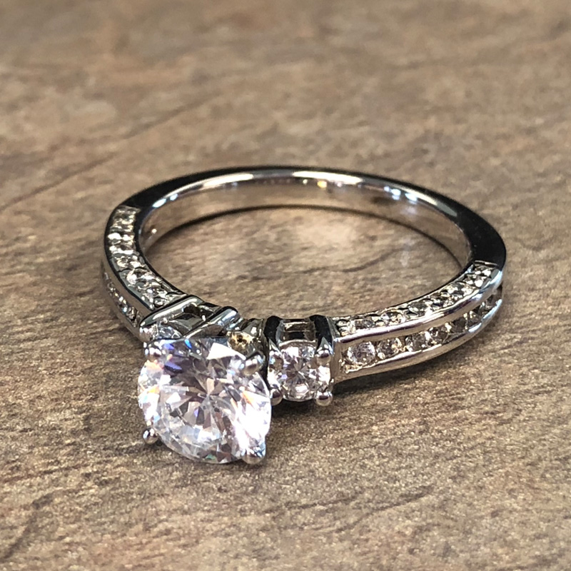 14K White Gold 3 Stone Diamond Encrusted Engagement Ring